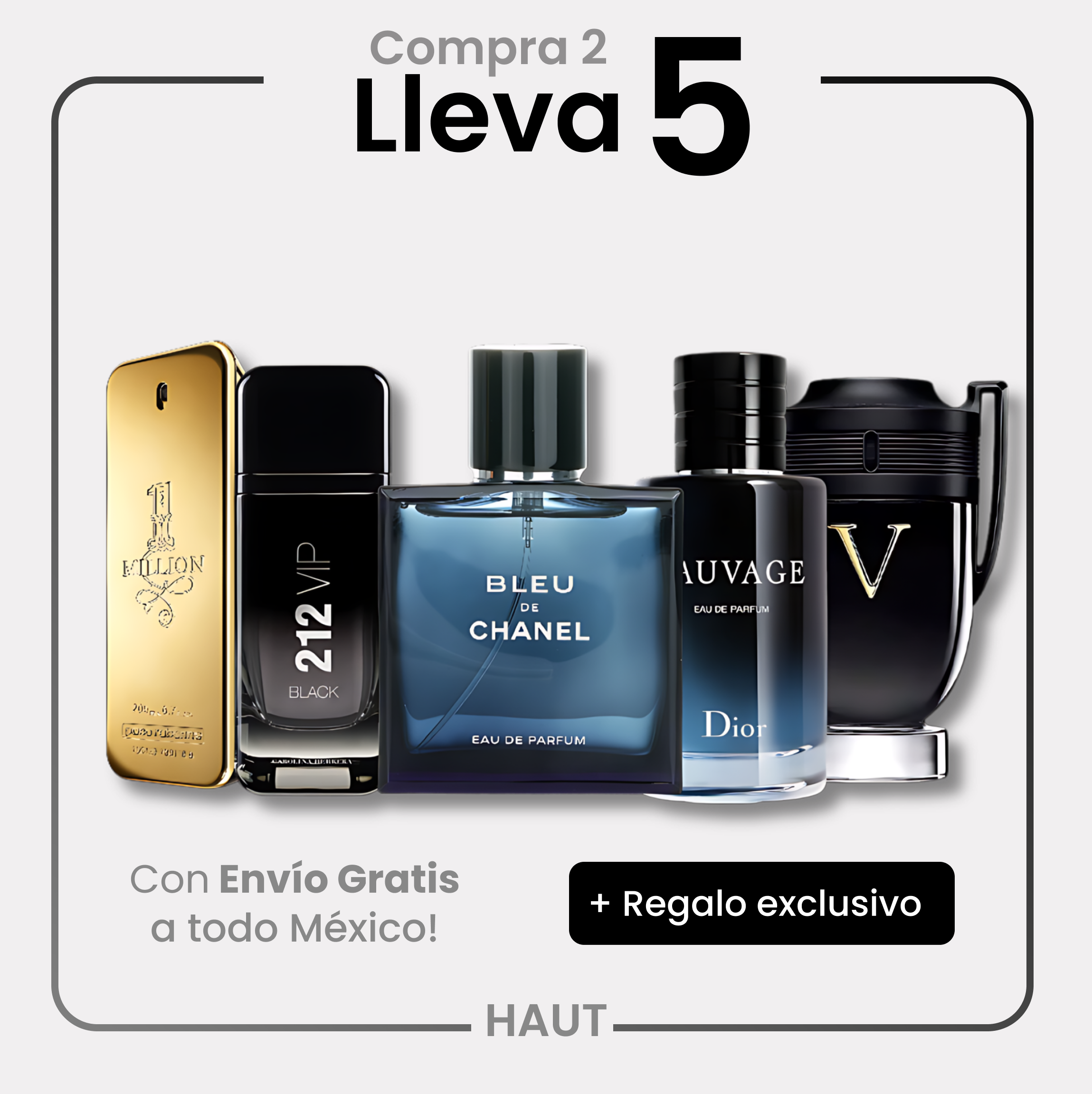 Combo 5 Perfumes Invictus Victory, Dior Sauvage, 212 VIP Black, Bleu de Chanel y One Million