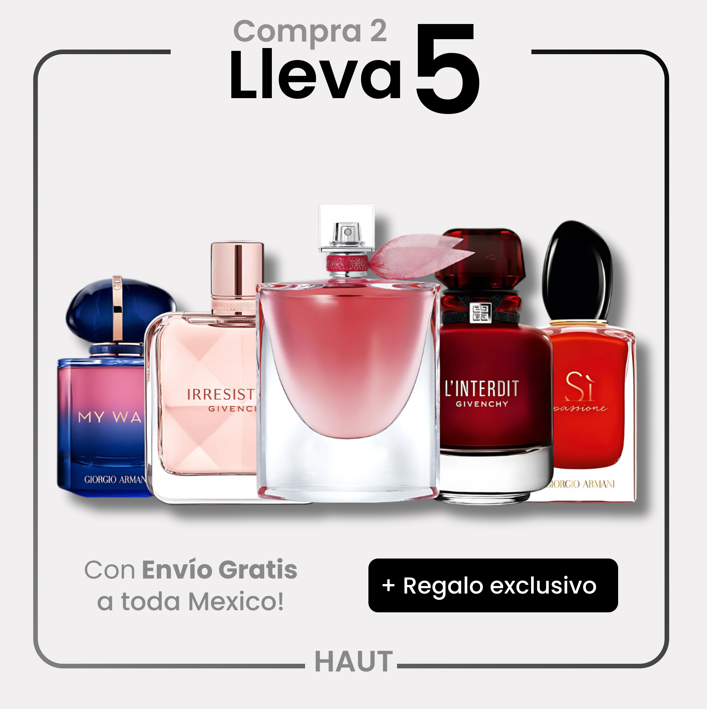 Combo 5 perfumes My way,Irrestible,La vie est belle intense, L'interdit y Si passione